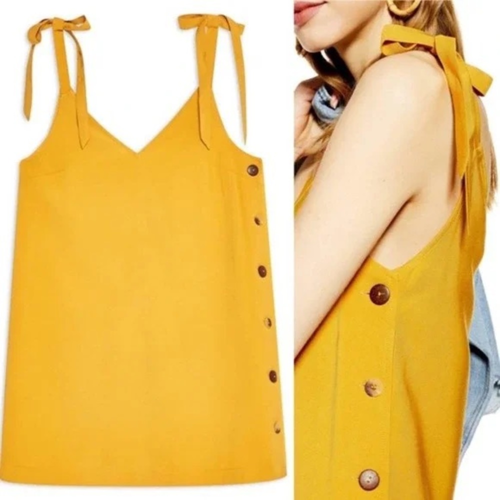 TOPSHOP mustard yellow bow tie linen slip sun dress, decorative tortoise buttons